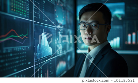 Generative Ai. Asian Businessman analyzing investment portfolio on computer screen with multiple graphs Generative Ai. Asian Businessman analyzing investment portfolio on computer screen with multiple graphs 101183551