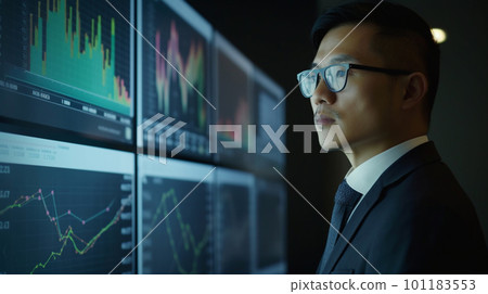 Generative Ai. Asian Businessman analyzing investment portfolio on computer screen with multiple graphs 101183553