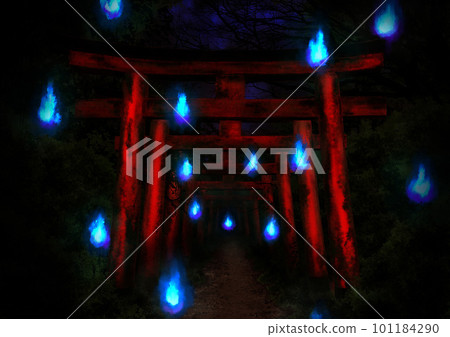 A series of torii gates at a shrine where many fireballs fly 101184290