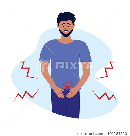 Man with pain in the lower abdomen, in bladder. Male character suffers from prostatitis, cystitis, pain in the urinary system, urinary incontinence, urethritis. 101185220