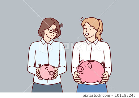Two women with piggy banks for money of various sizes for concept of income inequality  101185245