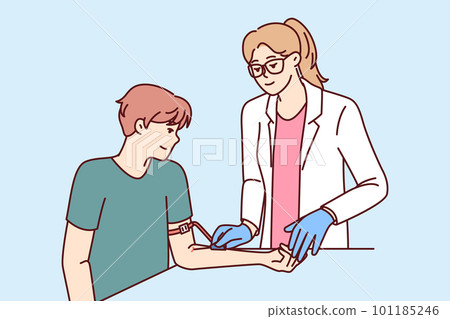 Woman doctor preparing patient man for blood test to check for diseases or DNA test 101185246