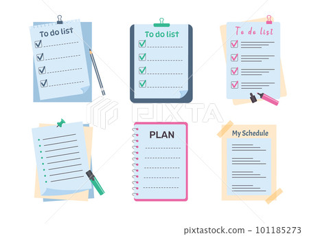 Set of planners, memo paper sheets, sticky note, reminder, to do list, pins, markers. Office schedule templates. 101185273