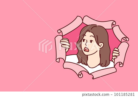 Shocked woman peeks out of hole in torn paper and looks away after seeing unexpected discount  101185281