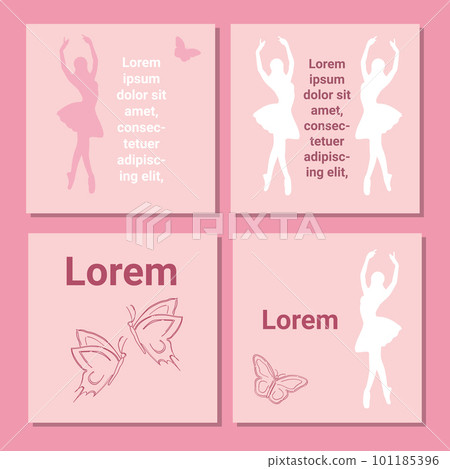 Set of theatre ticket design. Ballet flyer template. Ballerina silhouette in the tutu and pointe shoe with butterfly. Pink card design with copy space text. Vector illustration 101185396