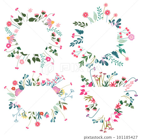 Exquisite floral frames with flowers, leaves, and heart. Botanical vector art for invitations, posters, and greeting cards. . Vector illustration. 101185427