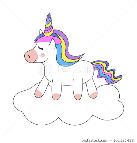 Colorful cute unicorn on a cloud with black outline. Design for stickers, cards, posters, t-shirts, invitations, baby shower, birthday, room decor. 101185438