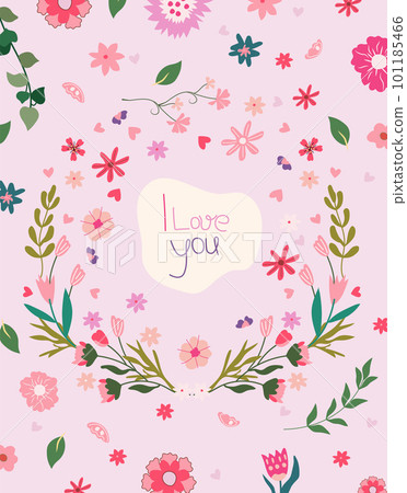Fascinating vector illustration of a floral wreath with the word love, for use in card templates, home accents, posters and apparel design. Vector illustration Fascinating vector illustration of a floral wreath with the word love, for use in card templates, home accents, posters and apparel design. Vector illustration 101185466