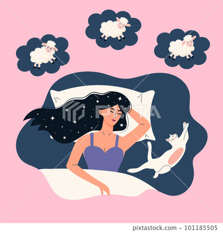 Girl with hair in stars is lying in bed with white cat. Young woman falling asleep, dreaming and counting sheep. Dream cloud with jumping lambs. Healthy sleeping, sweet dreams, pet, home, comfort, res 101185505