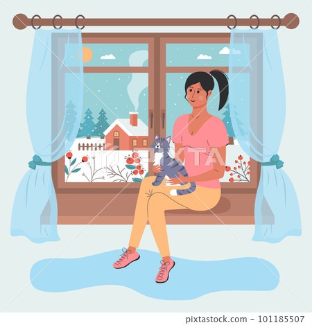 Girl with a cat sitting on the window. There is a winter day landscape outside the window. Winter mood, pet, relaxing, cozy home concept. 101185507
