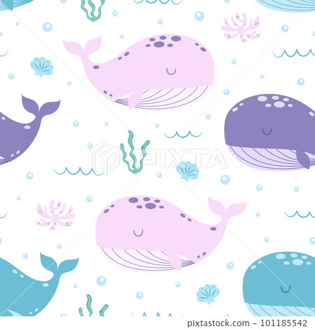 vector seamless pattern with whales and seaweed - Stock Illustration ...