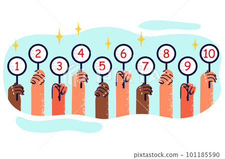 Peoples hands with plates with numbers from one to ten are designed to evaluate results competition Peoples hands with plates with numbers from one to ten are designed to evaluate results competition 101185590