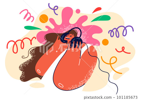 Woman in headphones listening to cool music enjoying good rhythm and quality sound Woman in headphones listening to cool music enjoying good rhythm and quality sound 101185673