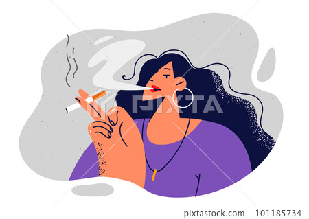 Woman smokes cigarette and releases smoke from mouth enjoying short break during working day 101185734