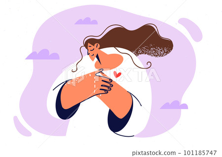 Modest woman with hands on chest is devastated after breaking up with loved one or death boyfriend Modest woman with hands on chest is devastated after breaking up with loved one or death boyfriend 101185747