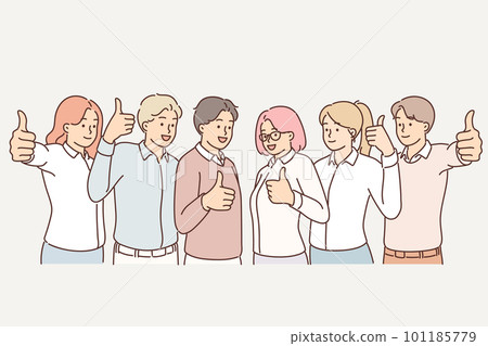 Team of promising people showing thumbs up as sign of desire to work together and achieve success Team of promising people showing thumbs up as sign of desire to work together and achieve success 101185779