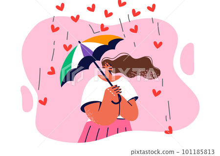 Positive woman tries umbrella to hide from falling hearts symbolizing excessive love and care 101185813