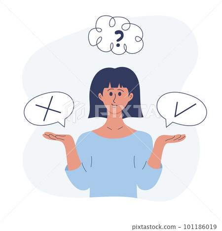 Girl making yes or no choice, thinking about this or that decision. The concept of idea, brainstorm, business decisions, thinking, solution, hard choice, dilemma. 101186019