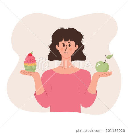 Girl with an apple in one hand and a cake in another, thinking what is better to eat. Woman making diet choice. Healthy and unhealthy food. Concept of health diet, healthy habits, diet plan. Girl with an apple in one hand and a cake in another, thinking what is better to eat. Woman making diet choice. Healthy and unhealthy food. Concept of health diet, healthy habits, diet plan. 101186020