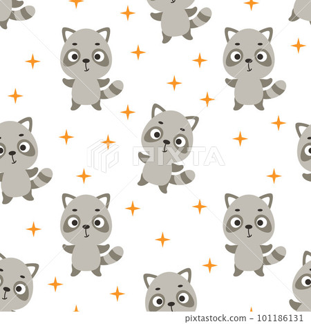 Cute little raccoon seamless childish pattern. Funny cartoon animal character for fabric, wrapping, textile, wallpaper, apparel. Vector illustration 101186131