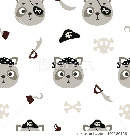 Cute little pirate raccoon head seamless childish pattern. Funny cartoon animal character for fabric, wrapping, textile, wallpaper, apparel. Vector illustration 101186138