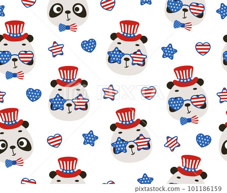 Cute little panda head in USA patriotic hat seamless childish pattern. Funny cartoon animal character for fabric, wrapping, textile, wallpaper, apparel. Vector illustration Cute little panda head in USA patriotic hat seamless childish pattern. Funny cartoon animal character for fabric, wrapping, textile, wallpaper, apparel. Vector illustration 101186159