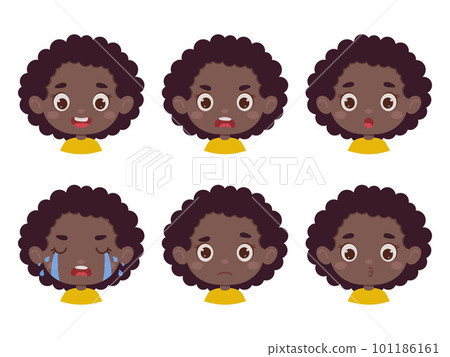 Cute cartoon little kid african girl in various expressions and gesture. Cartoon child character showing different emotions. Vector illustration 101186161
