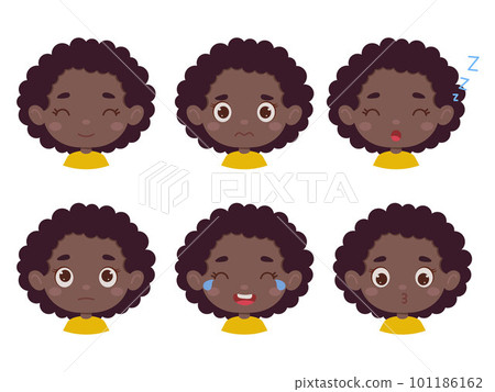 Cute cartoon little kid african girl in various expressions and gesture. Cartoon child character showing different emotions. Vector illustration 101186162