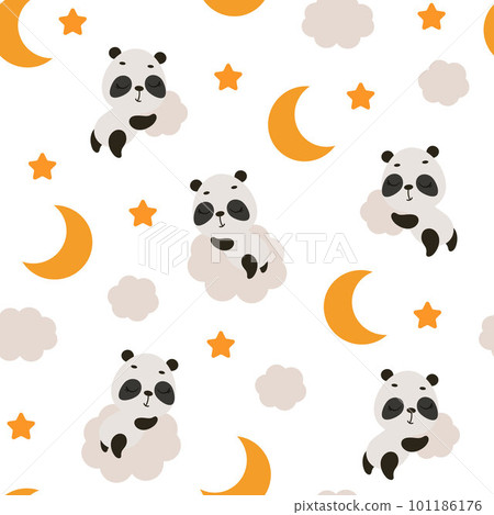 Cute little panda sleeping on cloud seamless... - Stock Illustration ...
