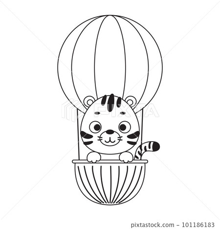 Coloring page cute little tiger flying on hot air balloon. Coloring book for kids. Educational activity for preschool years kids and toddlers with cute animal. Vector stock illustration Coloring page cute little tiger flying on hot air balloon. Coloring book for kids. Educational activity for preschool years kids and toddlers with cute animal. Vector stock illustration 101186183