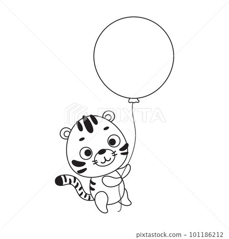 Coloring page cute little tiger flies on balloon. Coloring book for kids. Educational activity for preschool years kids and toddlers with cute animal. Vector stock illustration Coloring page cute little tiger flies on balloon. Coloring book for kids. Educational activity for preschool years kids and toddlers with cute animal. Vector stock illustration 101186212