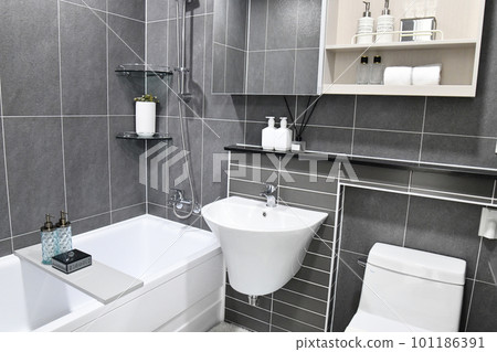 modern bathroom with white sink and faucet modern bathroom with white sink and faucet 101186391