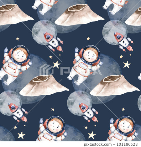 Astronaut seamless pattern. Universe kids Baby boy girl elephant, fox cat and bunny, space suit, cosmonaut stars, planet, moon, rocket and shuttle watercolor space ship background Astronaut seamless pattern. Universe kids Baby boy girl elephant, fox cat and bunny, space suit, cosmonaut stars, planet, moon, rocket and shuttle watercolor space ship background 101186528