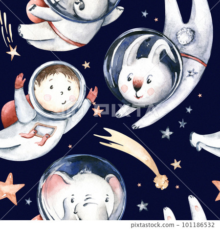 Astronaut watercolor seamless pattern baby boy and bunny animal  101186532