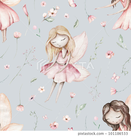 Fairy and Flowers watercolor seamless girls nursery pattern. Cartoon pink magic girl baby background. Faitytale textile art Fairy and Flowers watercolor seamless girls nursery pattern. Cartoon pink magic girl baby background. Faitytale textile art 101186533