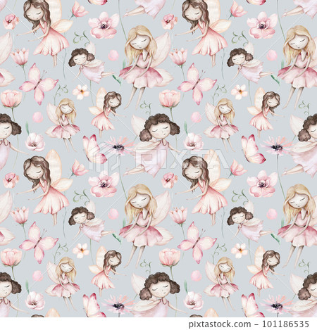 Fairy and Flowers watercolor seamless girls nursery pattern. Cartoon pink magic girl baby background. Faitytale textile art 101186535