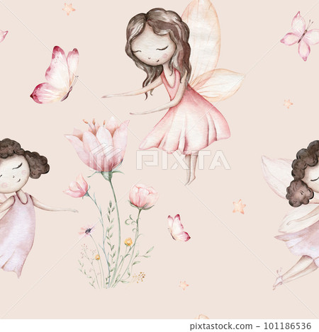 Fairy and Flowers watercolor seamless girls nursery pattern. Cartoon pink magic girl baby background. Faitytale textile art 101186536
