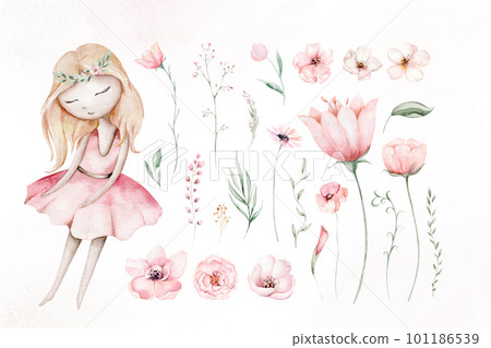 Fairy and Flowers watercolor isolated kids illustration for girls. Cartoon pink magic girl baby shower poster. Happy Birthday kid card 101186539