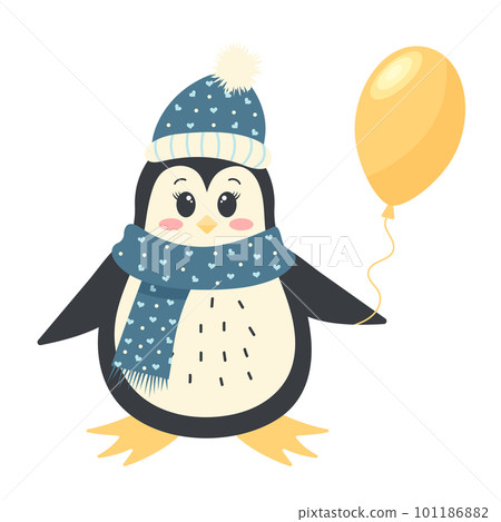 Cute funny penguin in a winter hat and scarf holding a balloon. Antarctic bird, cartoon character isolated on white background. 101186882