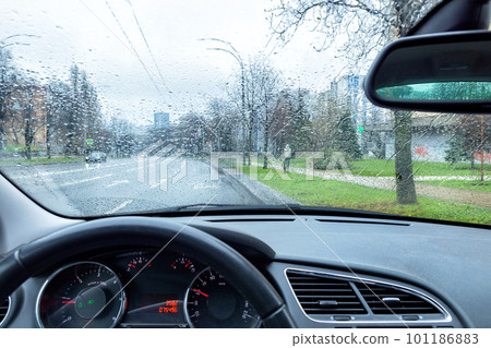 View from the car interior on rainy weather in early spring. 101186883
