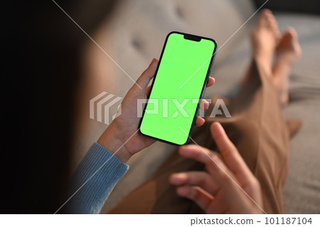 Woman using smart phone, sitting on couch at home. Close up view, green screen for your advertising text message Woman using smart phone, sitting on couch at home. Close up view, green screen for your advertising text message 101187104