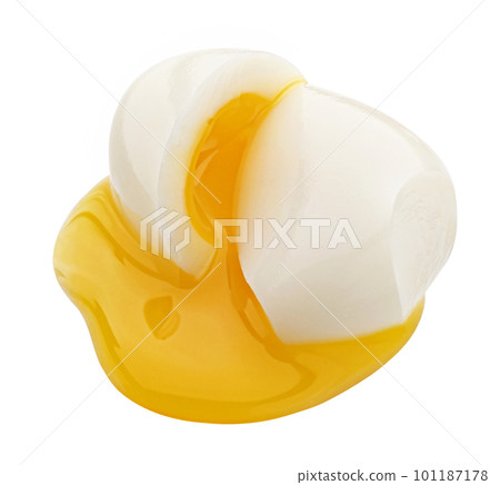 Sliced poached egg isolated on white background 101187178