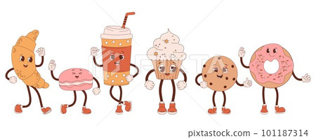 Retro characters confectionery and coffee to go. Cute cartoon sweet croissant, cupcake, donut, chocolate chip cookies and macaron. Vector illustration. Isolated collection desserts in nostalgic style. Retro characters confectionery and coffee to go. Cute cartoon sweet croissant, cupcake, donut, chocolate chip cookies and macaron. Vector illustration. Isolated collection desserts in nostalgic style. 101187314
