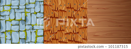 Set stone and wooden materials, textured surface wood comic background in cartoon style. Wall, panel for game, ui design 101187315
