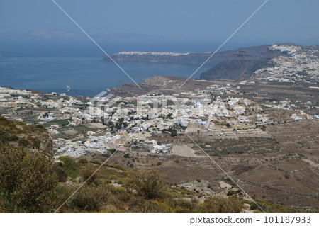 White houses of Santorini seen from the top of the hill White houses of Santorini seen from the top of the hill 101187933