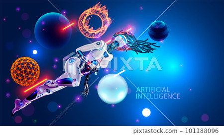 Artificial intelligence in the image beautiful robot woman with AI in virtual cyberspace among the data charts and diagrams. Neural networks learning concept. Female robot floating in zero gravity. 101188096