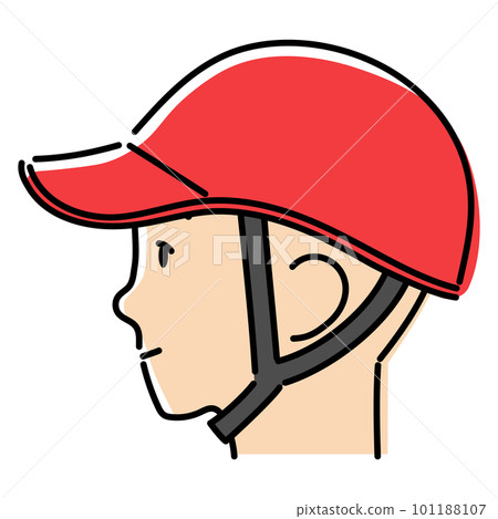 A simple illustration of the profile of a person wearing a hat-shaped bicycle helmet 101188107