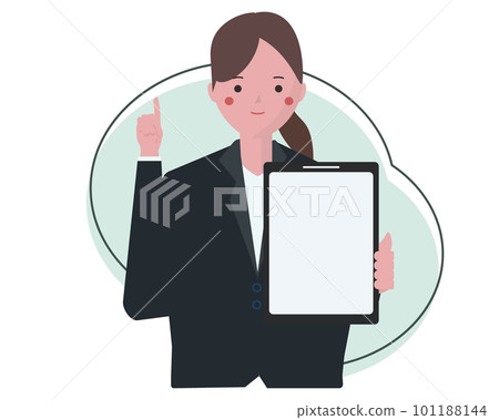 一位女商人展示平板電腦並微笑著解釋。舉起食指解釋的女人 101188144
