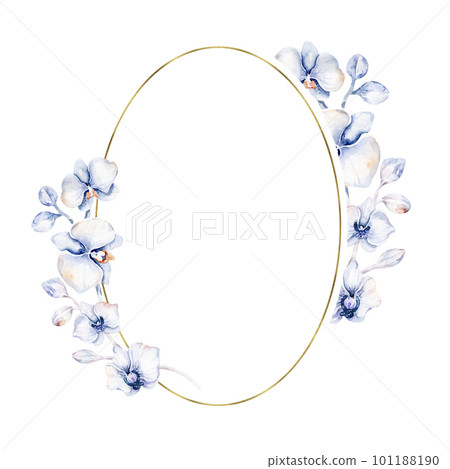 Watercolor floral frame wreath with gold orchid, cherry blossom, cotton head, palm leaves, beige and rose color, white, pink, vivid flowers, green leaves, for wedding greeting card. fashion background 101188190