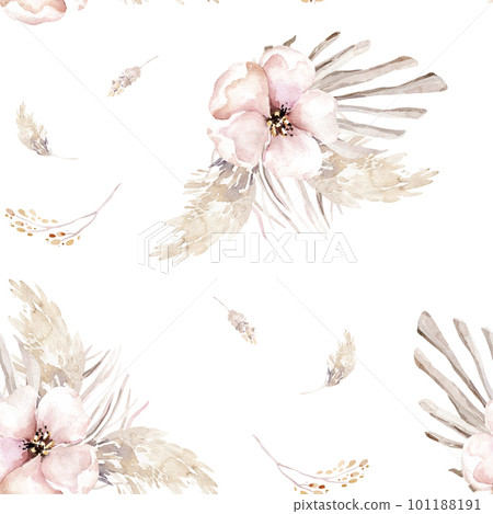 Watercolor boho seamless pattern with hand painted tropical dried palm leaves, pampas branches and cherry flowers. Romantic floral bohemian background for wedding invitation, trendy fabric textile Watercolor boho seamless pattern with hand painted tropical dried palm leaves, pampas branches and cherry flowers. Romantic floral bohemian background for wedding invitation, trendy fabric textile 101188191